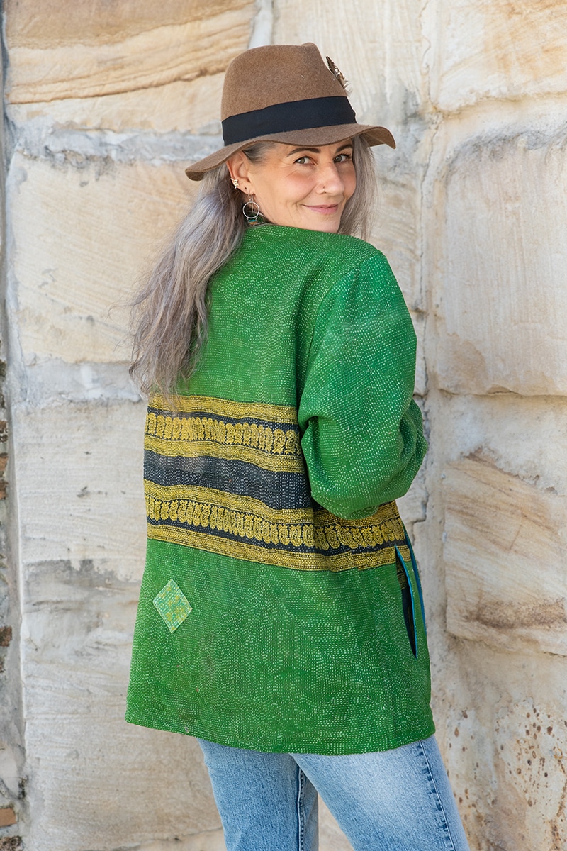 Womens, Rustic Kantha Jacket, handmade from 100% cotton recycled Vintage fabrics, in Moss green
