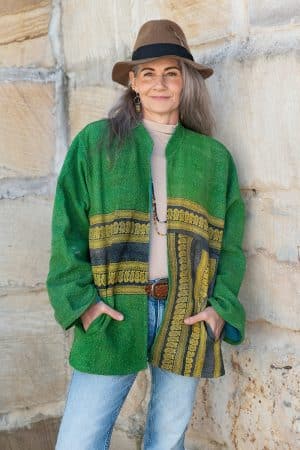 Womens, Rustic Kantha Jacket, handmade from 100% cotton recycled Vintage fabrics, in Moss green