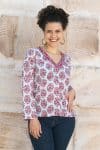 Womens, Sahana blouse, long sleeve, 100% cotton, hand block print. In floral pink - Parisa