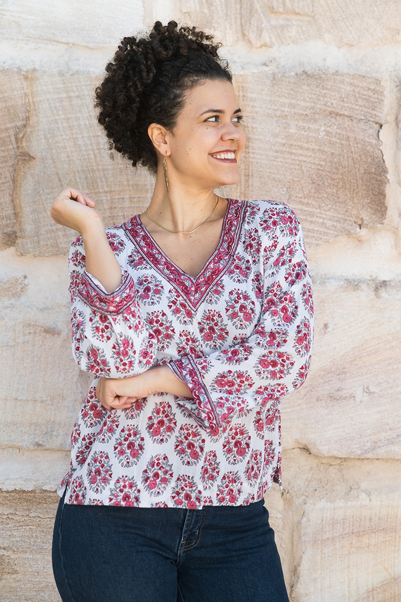 Womens, Sahana blouse, long sleeve, 100% cotton, hand block print. In floral pink - Parisa