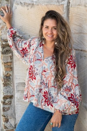 Womens, Morais blouse, full sleeve, 100% cotton, hand block print. In floral print - Roshan