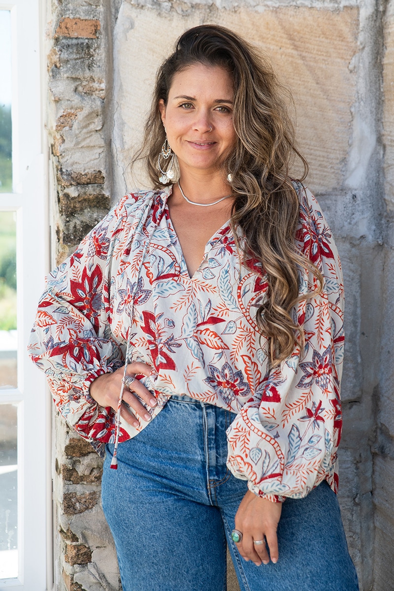 Womens, Morais blouse, full sleeve, 100% cotton, hand block print. In floral print - Roshan
