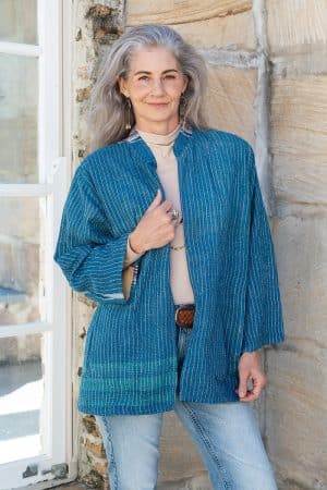 Womens, Rustic Kantha Jacket, handmade from 100% cotton recycled Vintage fabrics, in denim blue - Azur