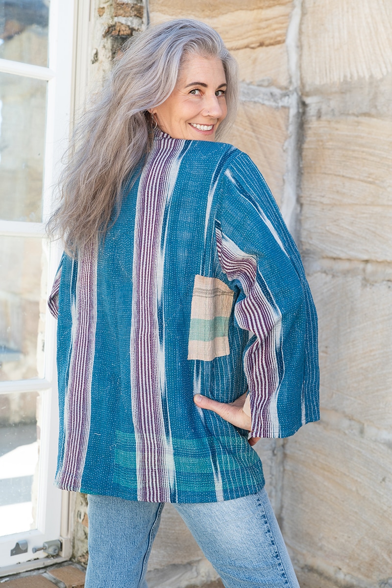 Womens, Rustic Kantha Jacket, handmade from 100% cotton recycled Vintage fabrics, in denim blue - Azur