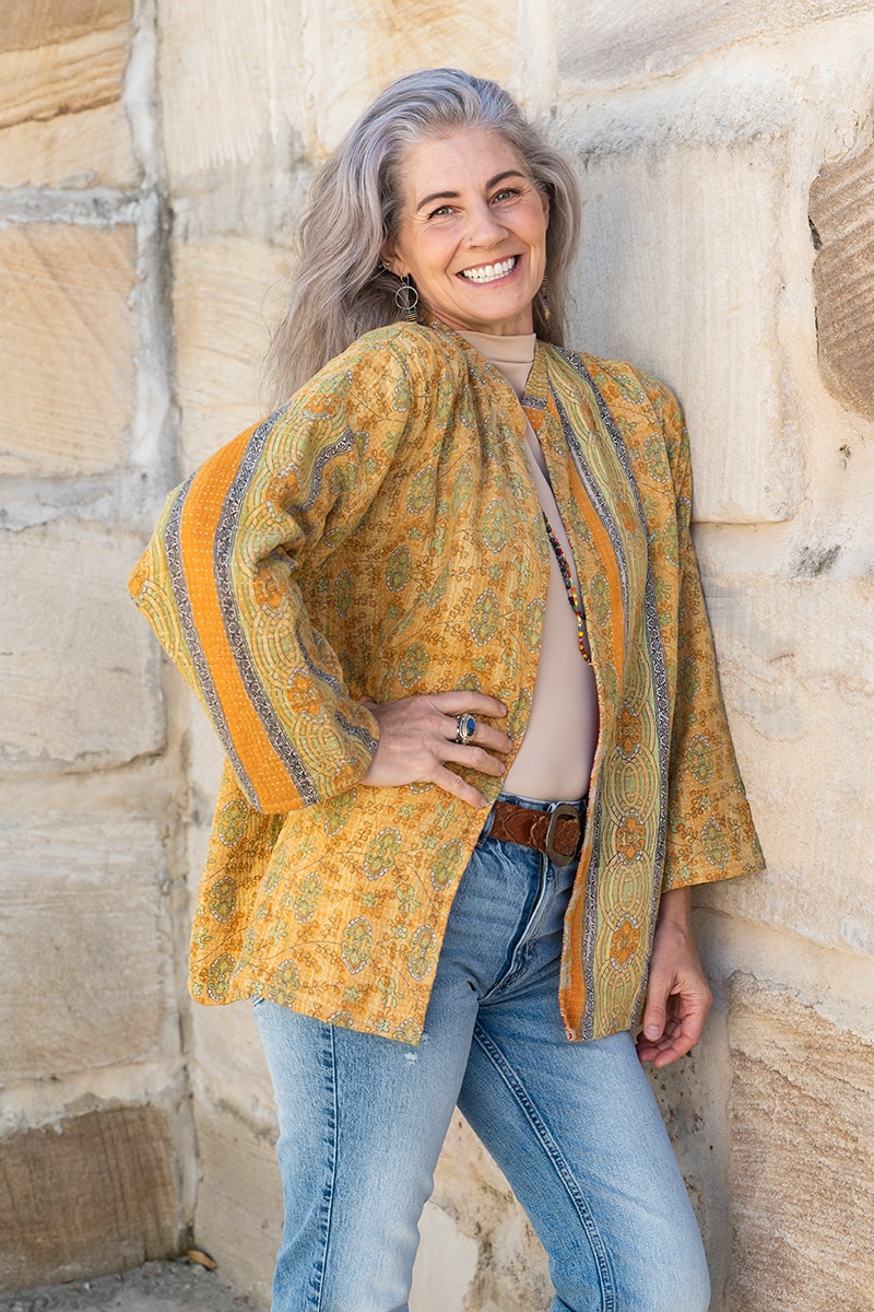 Womens, Rustic Kantha Jacket, handmade from 100% cotton recycled Vintage fabrics, in flaxen yellow - Calor