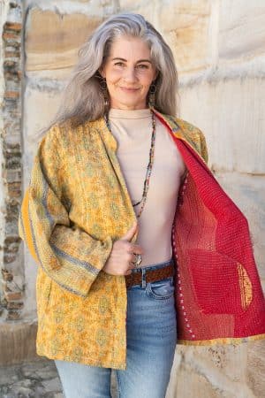 Womens, Rustic Kantha Jacket, handmade from 100% cotton recycled Vintage fabrics, in flaxen yellow - Calor