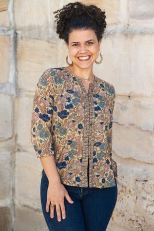 Womens, Mandalay blouse, 7/8 sleeve, 100% cotton, hand block print. In natural autumn tone Myridia