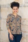 Womens, Mandalay blouse, 7/8 sleeve, 100% cotton, hand block print. In natural autumn tone Myridia