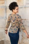 Womens, Mandalay blouse, 7/8 sleeve, 100% cotton, hand block print. In natural autumn tone Myridia