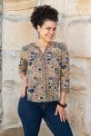 Womens, Mandalay blouse, 7/8 sleeve, 100% cotton, hand block print. In natural autumn tone Myridia