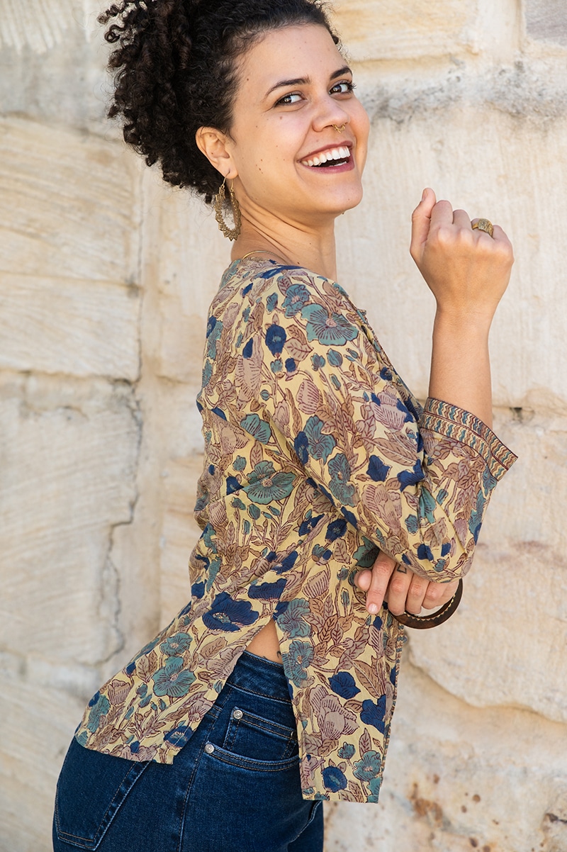 Womens, Mandalay blouse, 7/8 sleeve, 100% cotton, hand block print. In natural autumn tone Myridia
