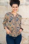 Womens, Mandalay blouse, 7/8 sleeve, 100% cotton, hand block print. In natural autumn tone Myridia