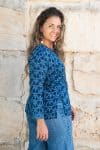 Womens, Mandalay blouse, 7/8 sleeve, 100% cotton, hand block print. In natural Indigo Rasa print.