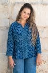 Womens, Mandalay blouse, 7/8 sleeve, 100% cotton, hand block print. In natural Indigo Rasa print.