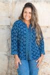 Womens, Mandalay blouse, 7/8 sleeve, 100% cotton, hand block print. In natural Indigo Rasa print.