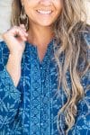 Womens, Mandalay blouse, 7/8 sleeve, 100% cotton, hand block print. In natural Indigo Rasa print.