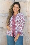 Womens, Mandalay blouse, 7/8 sleeve, 100% cotton, hand block print. In shades of pink and grey. Parisa