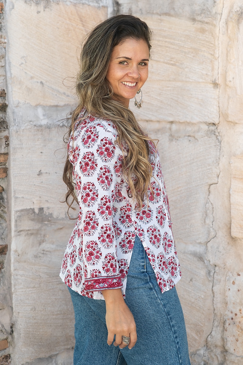 Womens, Mandalay blouse, 7/8 sleeve, 100% cotton, hand block print. In shades of pink and grey. Parisa