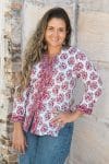 Womens, Mandalay blouse, 7/8 sleeve, 100% cotton, hand block print. In shades of pink and grey. Parisa