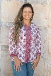 Womens, Mandalay blouse, 7/8 sleeve, 100% cotton, hand block print. In shades of pink and grey. Parisa