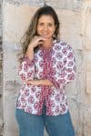 Womens, Mandalay blouse, 7/8 sleeve, 100% cotton, hand block print. In shades of pink and grey. Parisa