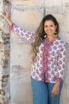 Womens, Mandalay blouse, 7/8 sleeve, 100% cotton, hand block print. In shades of pink and grey. Parisa
