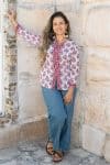 Womens, Mandalay blouse, 7/8 sleeve, 100% cotton, hand block print. In shades of pink and grey. Parisa
