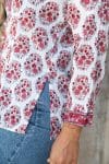 Womens, Mandalay blouse, 7/8 sleeve, 100% cotton, hand block print. In shades of pink and grey. Parisa