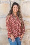 Womens, Kora blouse, full sleeve, 100% cotton, hand block print. In natural Begru rustic red Kalika print.