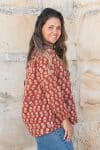 Womens, Kora blouse, full sleeve, 100% cotton, hand block print. In natural Begru rustic red Kalika print.