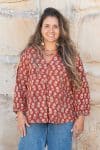 Womens, Kora blouse, full sleeve, 100% cotton, hand block print. In natural Begru rustic red Kalika print.