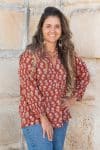 Womens, Kora blouse, full sleeve, 100% cotton, hand block print. In natural Begru rustic red Kalika print.