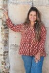 Womens, Kora blouse, full sleeve, 100% cotton, hand block print. In natural Begru rustic red Kalika print.