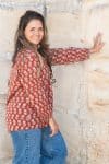 Womens, Kora blouse, full sleeve, 100% cotton, hand block print. In natural Begru rustic red Kalika print.