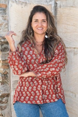 Womens, Kora blouse, full sleeve, 100% cotton, hand block print. In natural Begru rustic red Kalika print.