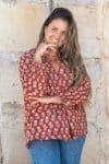 Womens, Kora blouse, full sleeve, 100% cotton, hand block print. In natural Begru rustic red Kalika print.
