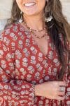 Womens, Kora blouse, full sleeve, 100% cotton, hand block print. In natural Begru rustic red Kalika print.