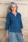 Womens, Mandalay blouse, 7/8 sleeve & Apanna Pants, 100% cotton, hand block print. In natural Indigo Rasa & Indigo Jiva print.