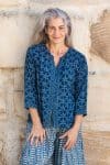 Womens, Mandalay blouse, 7/8 sleeve & Apanna Pants, 100% cotton, hand block print. In natural Indigo Rasa & Indigo Jiva print.