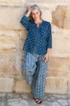 Womens, Mandalay blouse, 7/8 sleeve & Apanna Pants, 100% cotton, hand block print. In natural Indigo Rasa & Indigo Jiva print.