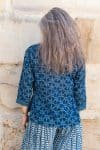 Womens, Mandalay blouse, 7/8 sleeve, 100% cotton, hand block print. In natural Indigo Rasa print.