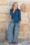 Womens, Mandalay blouse, 7/8 sleeve & Apanna Pants, 100% cotton, hand block print. In natural Indigo Rasa & Indigo Jiva print.