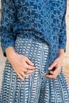 Womens, Mandalay blouse, 7/8 sleeve & Apanna Pants, 100% cotton, hand block print. In natural Indigo Rasa & Indigo Jiva print.