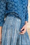 Womens, Mandalay blouse, 7/8 sleeve & Apanna Pants, 100% cotton, hand block print. In natural Indigo Rasa & Indigo Jiva print.