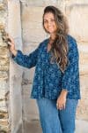 Womens, Kora blouse, full sleeve, 100% cotton, hand block print. In natural Indigo Lila print.