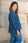 Womens, Kora blouse, full sleeve, 100% cotton, hand block print. In natural Indigo Lila print.