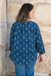 Womens, Kora blouse, full sleeve, 100% cotton, hand block print. In natural Indigo Lila print.