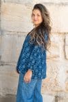 Womens, Kora blouse, full sleeve, 100% cotton, hand block print. In natural Indigo Lila print.