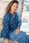 Womens, Kora blouse, full sleeve, 100% cotton, hand block print. In natural Indigo Lila print.