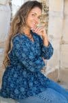 Womens, Kora blouse, full sleeve, 100% cotton, hand block print. In natural Indigo Lila print.
